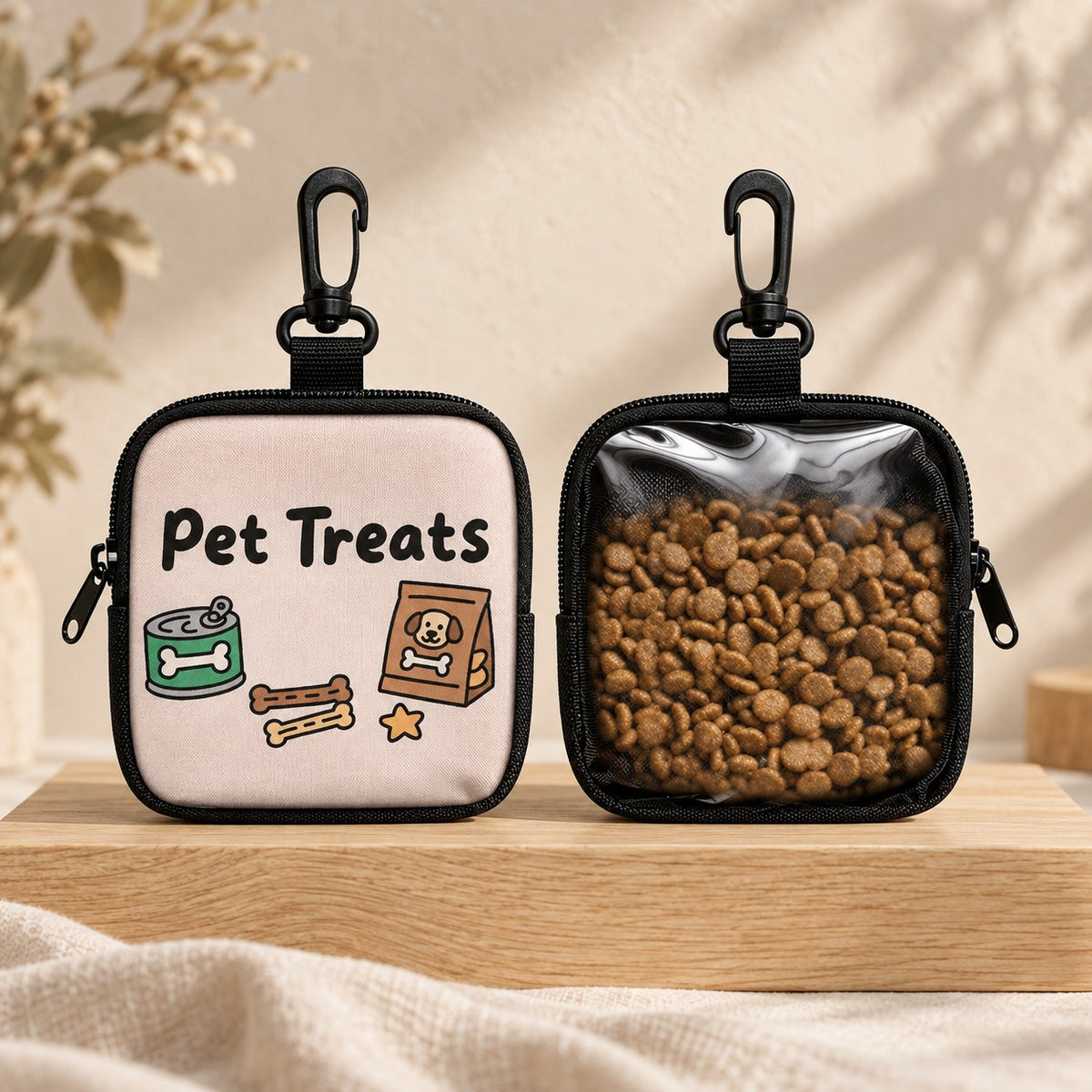 The Stash treat pouch — Blush Pet Treats print, front and clear back