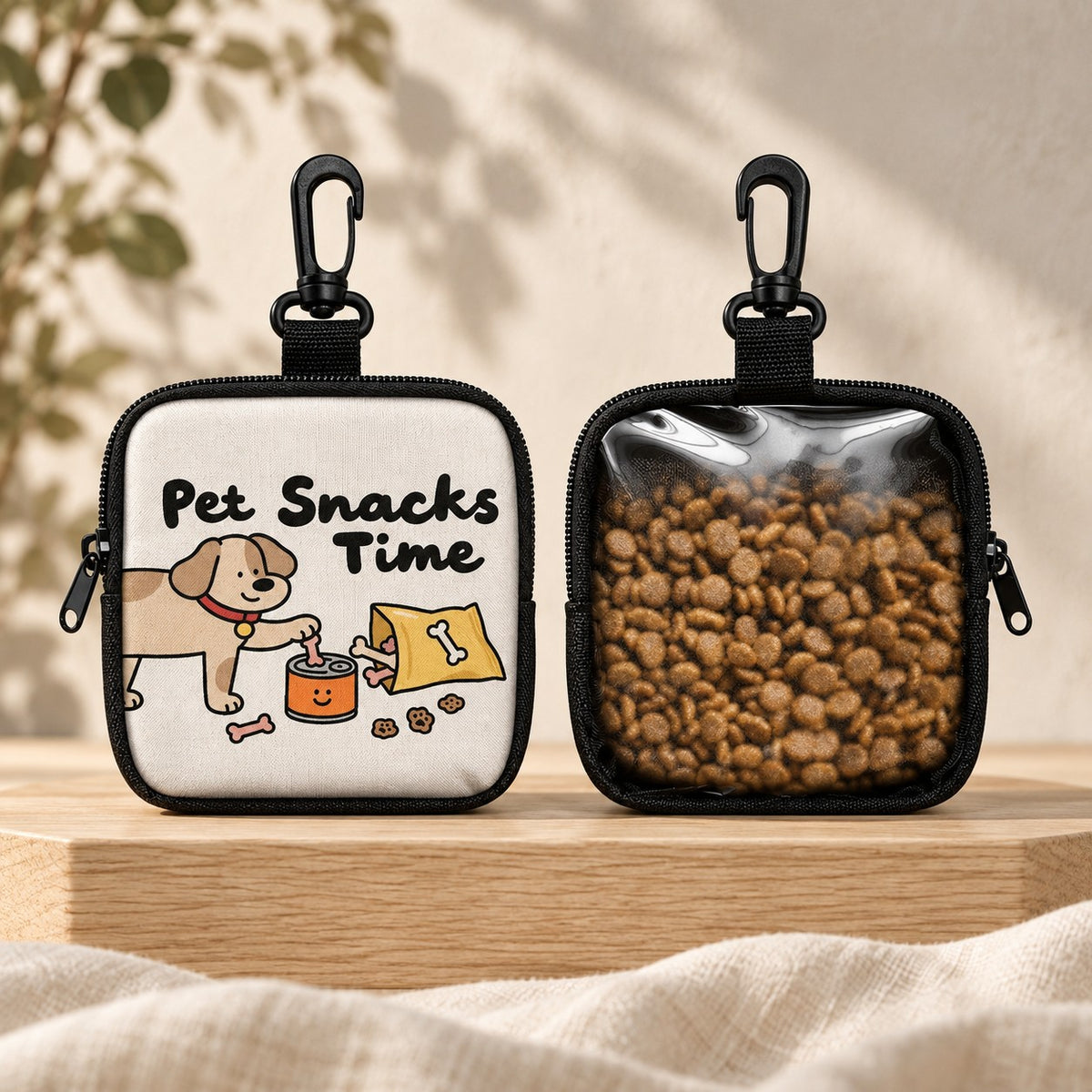 The Stash treat pouch — Cream Pet Snacks Time print, front and clear back