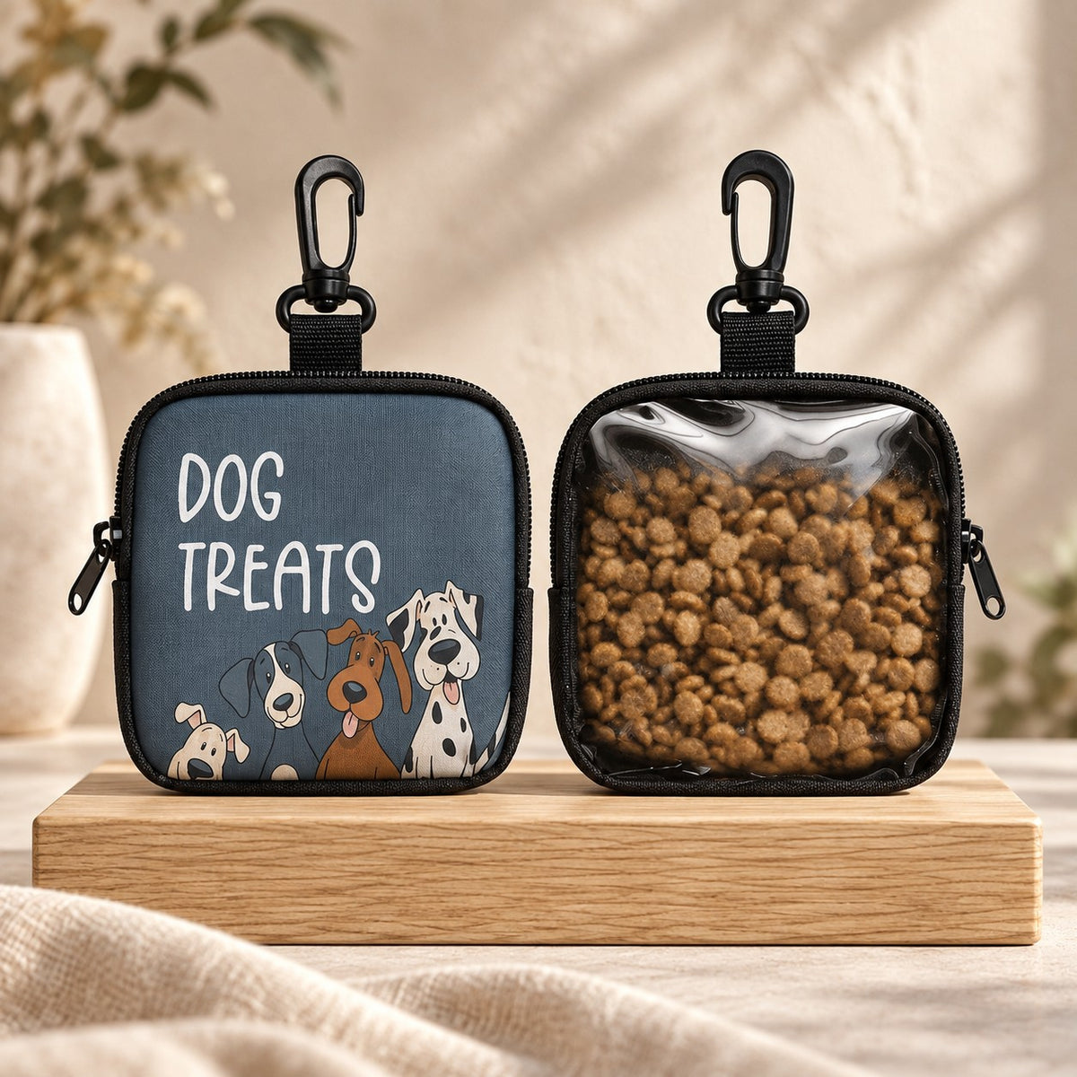 The Stash treat pouch — Slate Dog Treats print, front and clear back
