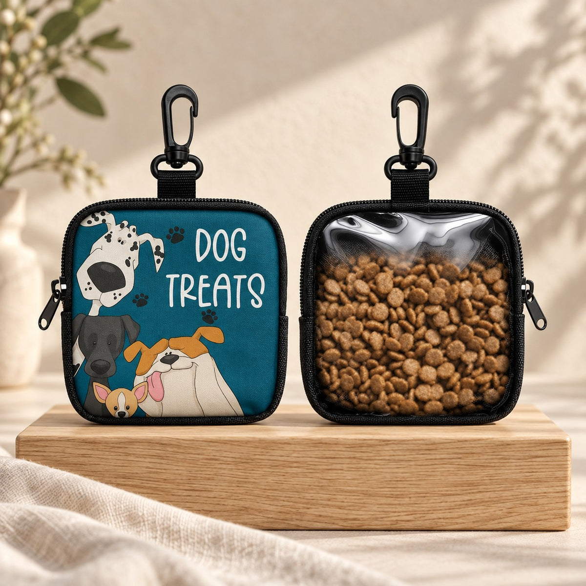 The Stash treat pouch — Teal Dog Treats print, front and clear back