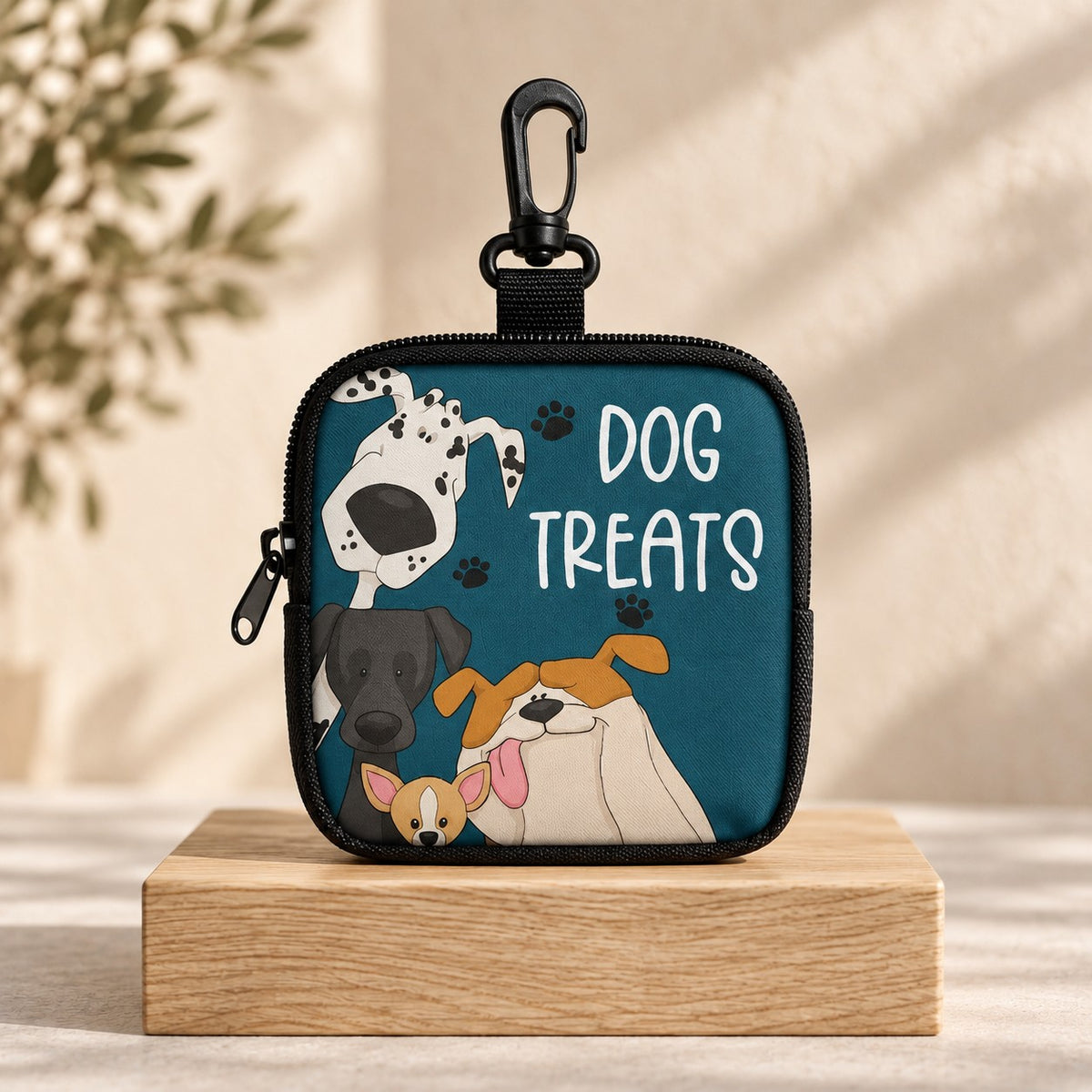 The Stash treat pouch — Teal Dog Treats print, front